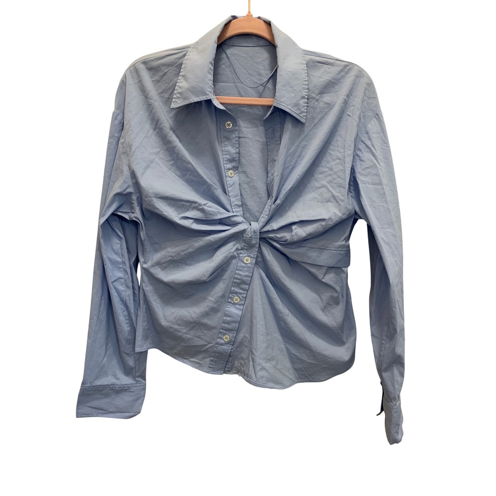 Womens Light Blue Twist Front Button Down Shirt Long Sleeve Collared Blouse